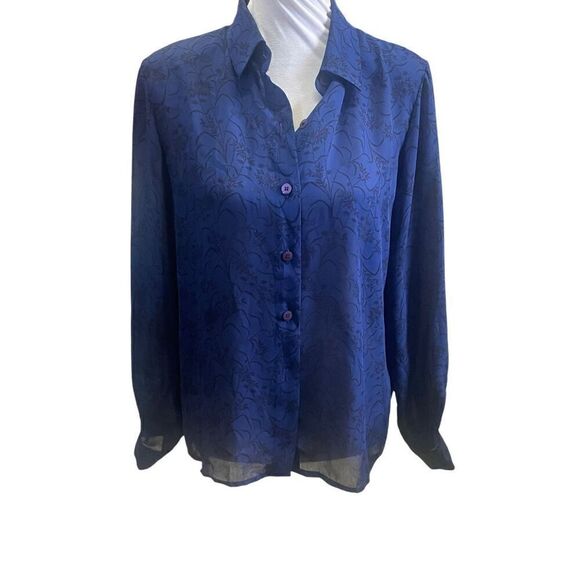 Chaus Vintage Blue & Black Semi Sheer Button Down Long Sleeve Blouse Size Medium - Picture 12 of 13